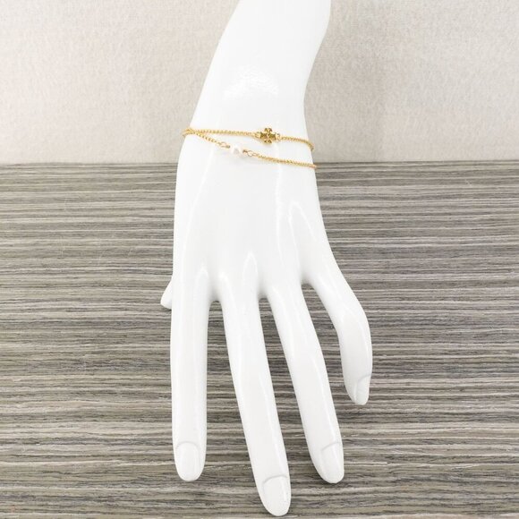 Tory Burch Logo Pearl Slider Adjustable Bracelet Gold OS - Picture 4 of 12